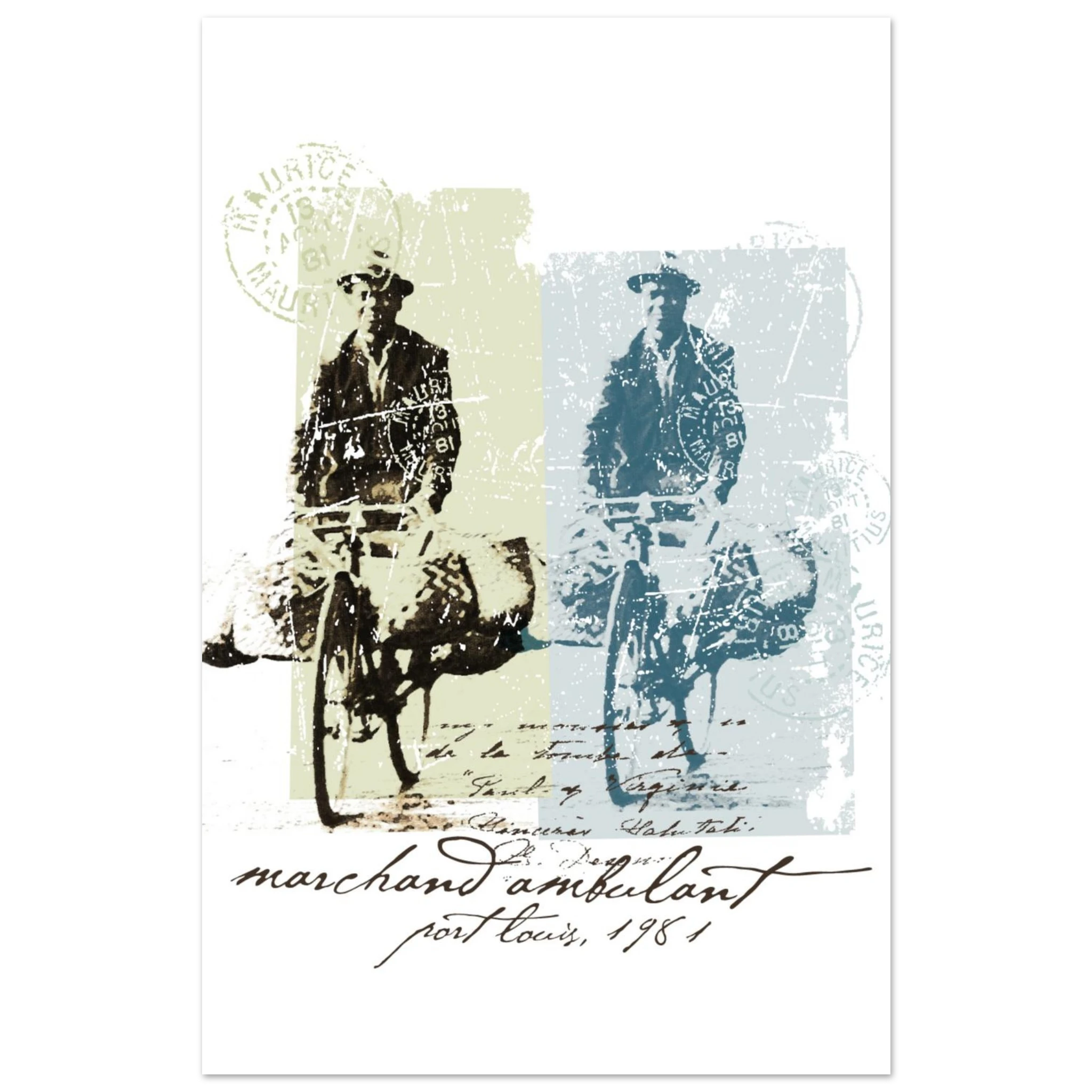 Vintage illustration of a street vendor riding a bicycle loaded with goods, repeated in two color tones with postal stamps from Mauritius. Text reads 'marchand ambulant, Port Louis, 1961' in script style.