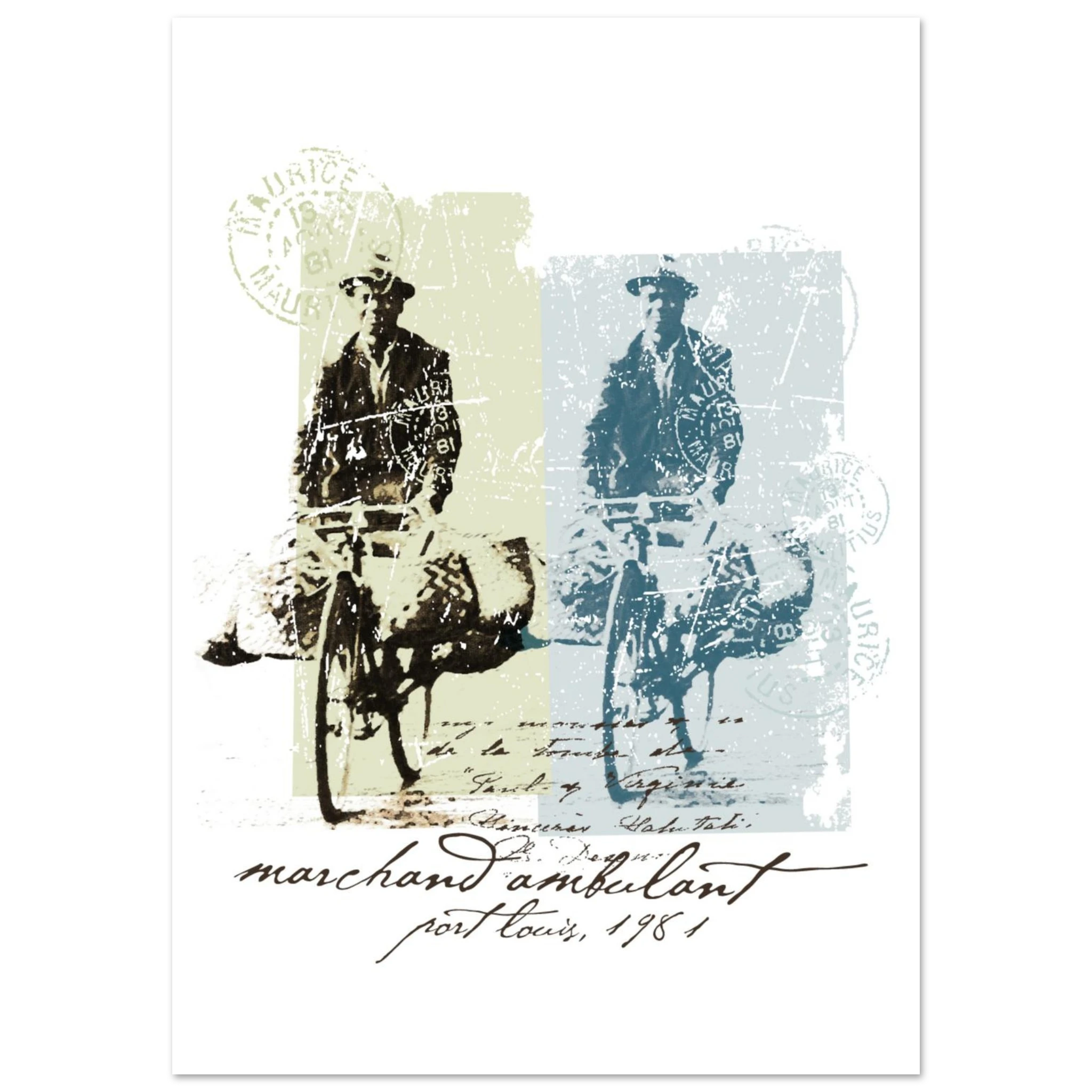 Vintage illustration of a street vendor riding a bicycle loaded with goods, repeated in two color tones with postal stamps from Mauritius. Text reads 'marchand ambulant, Port Louis, 1961' in script style.