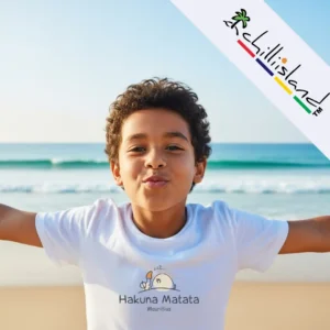 Smiling boy with outstretched arms stands on a sandy beach with ocean waves in the background, wearing a "Hakuna Matata Mauritius" T-shirt. Chillisland logo in top right corner.