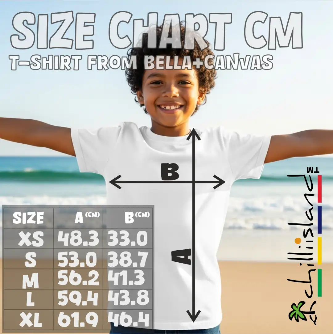 Smiling child wearing white t-shirt with size chart in cm for XS to XL; includes width (B) and length (A) measurements, Bella+Canvas brand, Chillisland logo on side.