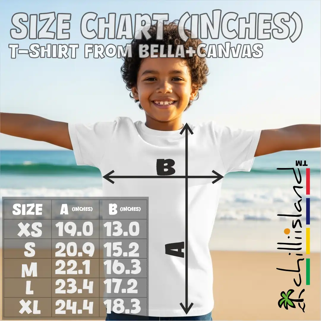 Smiling child wearing white t-shirt with size chart in inches for XS to XL; includes width (B) and length (A) measurements, Bella+Canvas brand, Chillisland logo on side.