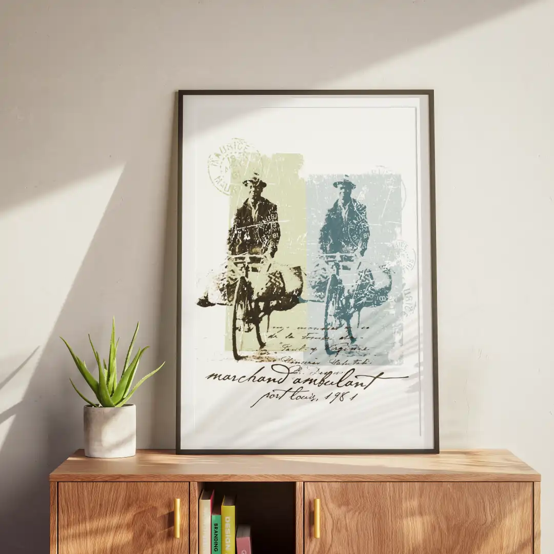 Mauritius Poster Vintage Ile Maurice Poster Port Louis Marchand Ambulant on furniture closeup