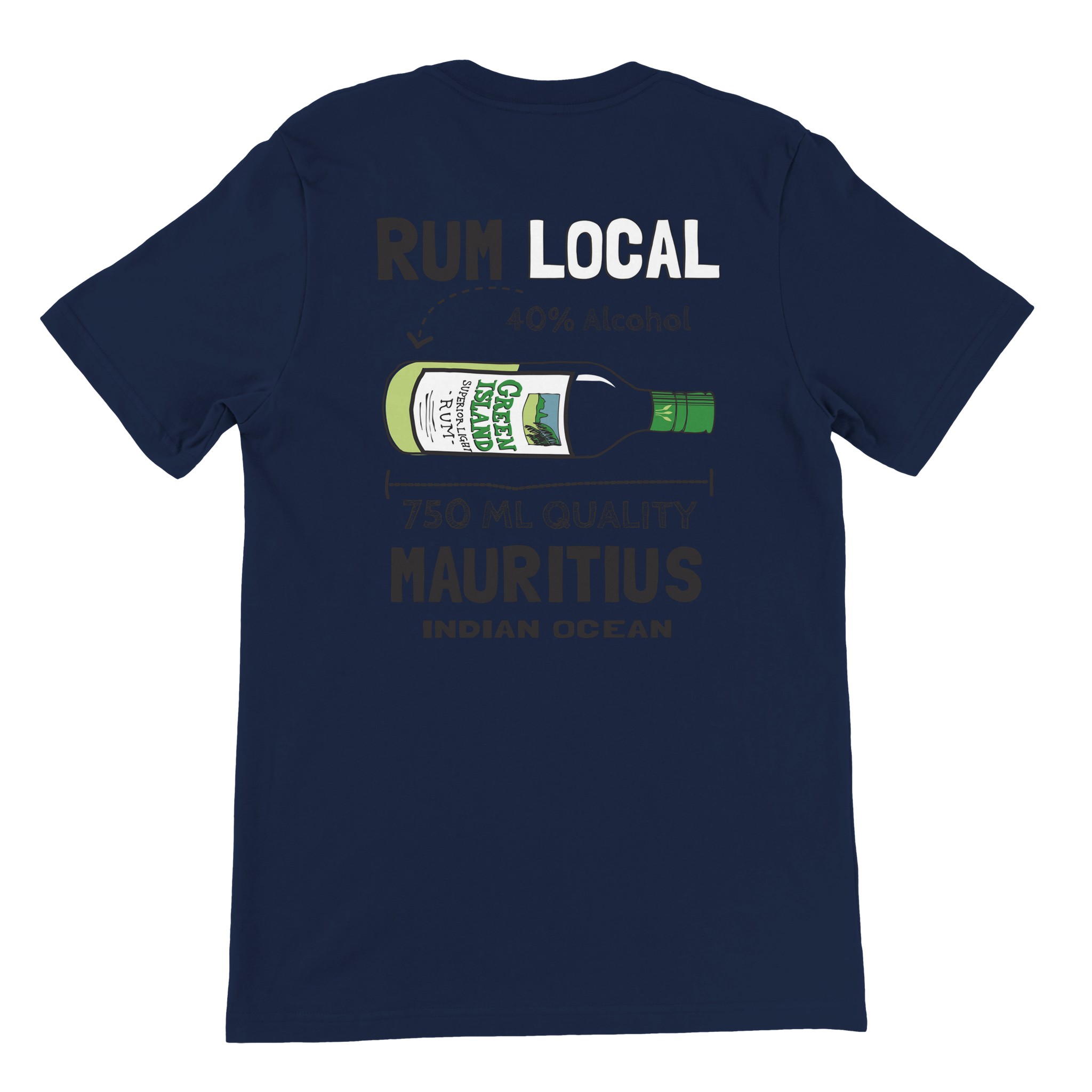 Black T-shirt featuring a Chilliisland design of a rum bottle labeled "Green Island" with "Rum Local," "40% Alcohol," "750 ML Quality," and "Mauritius Indian Ocean" text.
