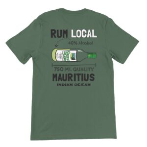 Army Green T-shirt featuring a Chilliisland design of a rum bottle labeled "Green Island" with "Rum Local," "40% Alcohol," "750 ML Quality," and "Mauritius Indian Ocean" text.