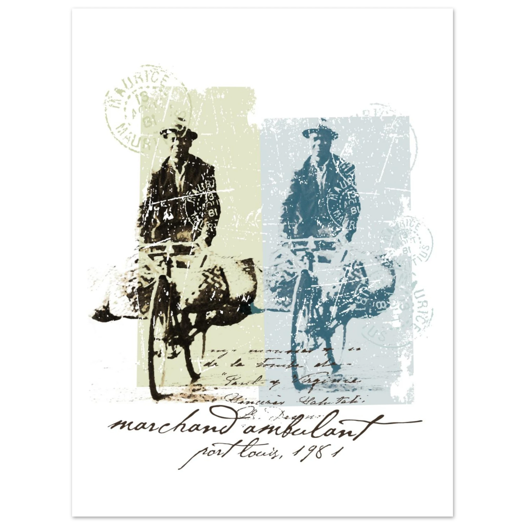 Vintage illustration of a street vendor riding a bicycle loaded with goods, repeated in two color tones with postal stamps from Mauritius. Text reads 'marchand ambulant, Port Louis, 1961' in script style.