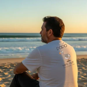 Man sitting on a beach at sunset, wearing a white Chilliisland T-shirt with a dodo illustration and the text “DODO WIPE OUT.” The scene is peaceful and contemplative.