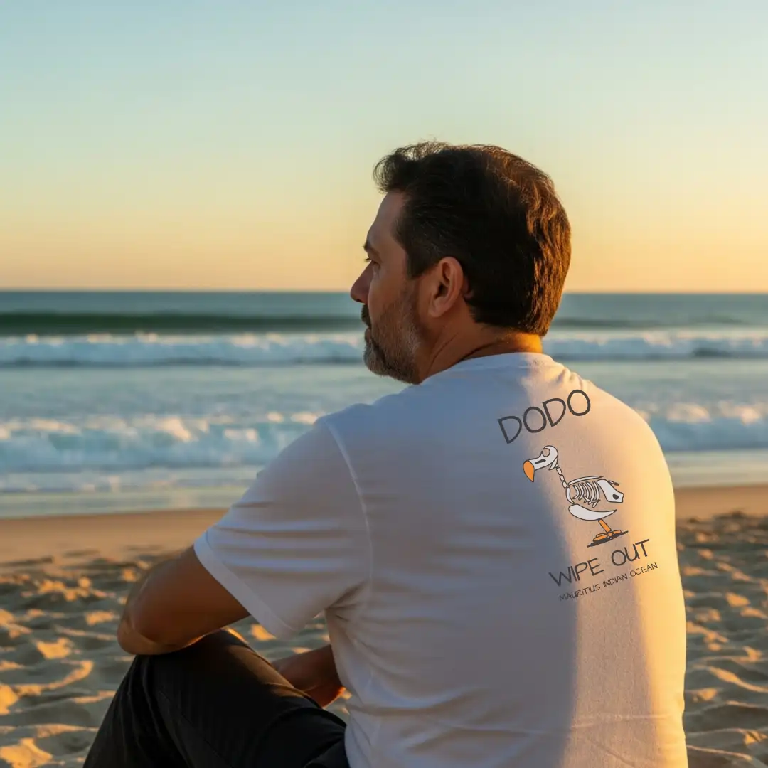Man sitting on a beach at sunset, wearing a white Chilliisland T-shirt with a dodo illustration and the text “DODO WIPE OUT.” The scene is peaceful and contemplative.