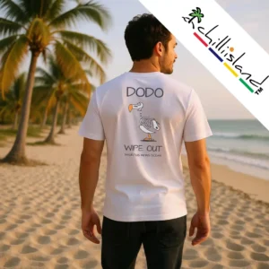 Man in white Chilliisland "DODO WIPE OUT" shirt stands on a sunny Mauritius beach with palm trees. Warm, tranquil scene, evokes relaxation. "Chillisland" logo in corner.