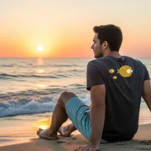 A man sits on a Mauritius beach, gazing at a vibrant sunset over the ocean. He wears a dark Chilliisland shirt and light shorts, exuding a calm and reflective mood.