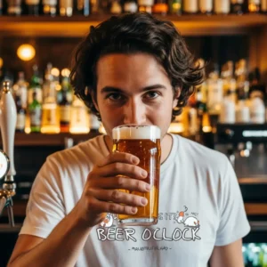 Young man in a bar drinking beer, wearing a white Chilliisland t-shirt with "Beer O'Clock" text. Warm lighting and shelves full of bottles in the background.
