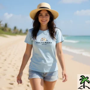 A woman wearing a straw hat and a blue "Hakuna Matata" Chilliisland T-shirt walks at the Mauritius sunny beach. She appears relaxed and happy, with the ocean in the background.