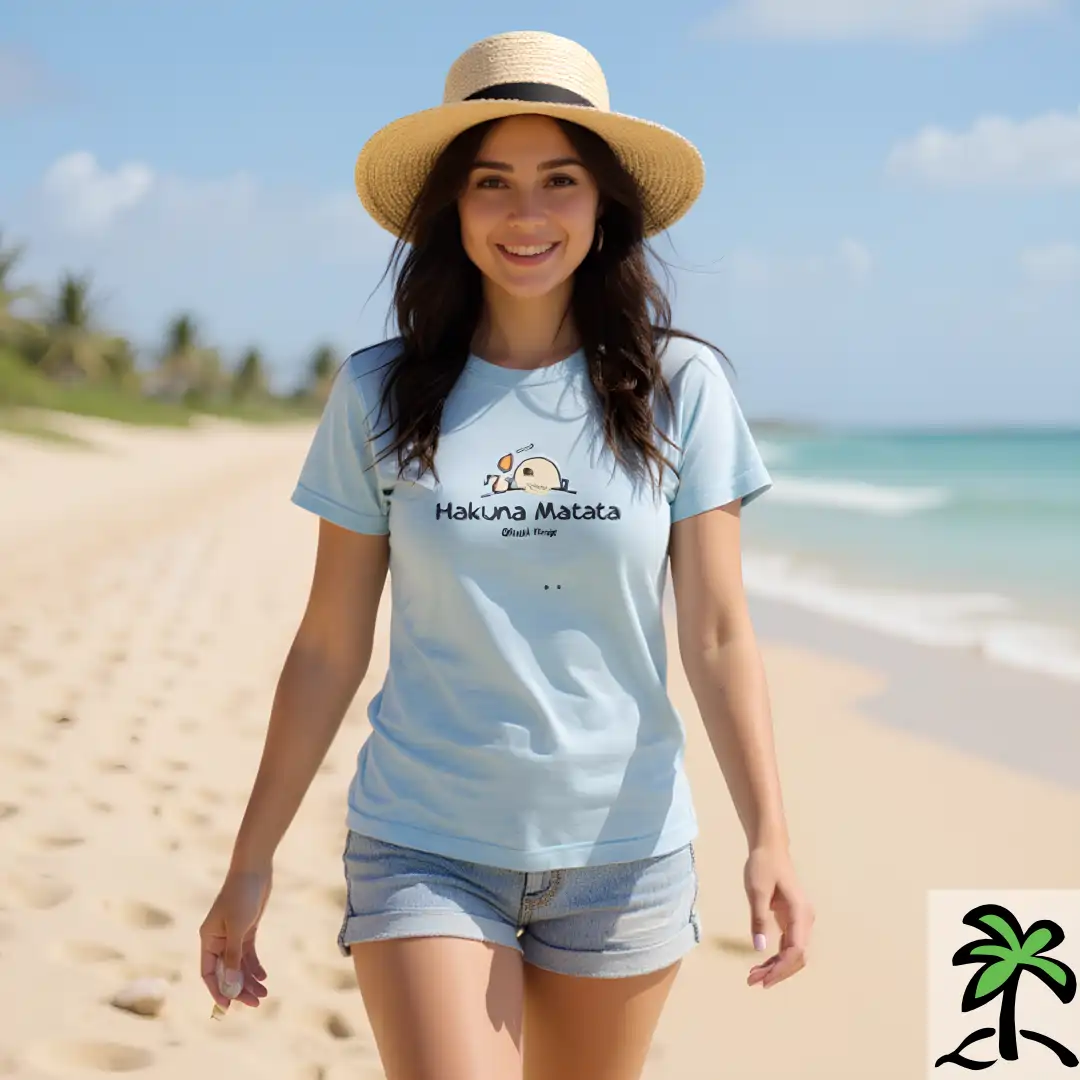 A woman wearing a straw hat and a blue "Hakuna Matata" Chilliisland T-shirt walks at the Mauritius sunny beach. She appears relaxed and happy, with the ocean in the background.