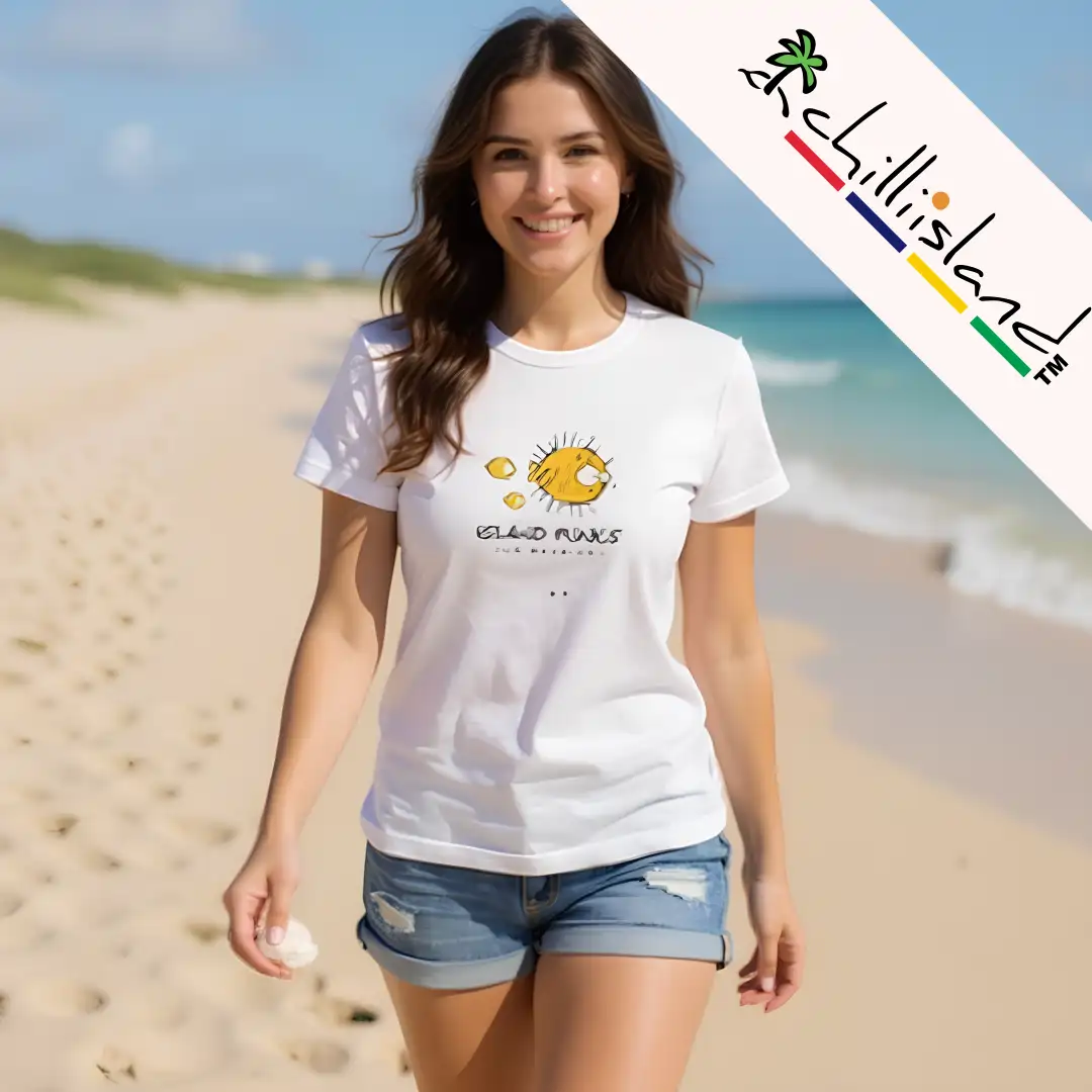 A woman in a white Cilliisland t-shirt with a puffer fish design , "Island Punks" and denim shorts walks on the Mauritius sunny beach. There's a "chillisland" logo in the top right corner.