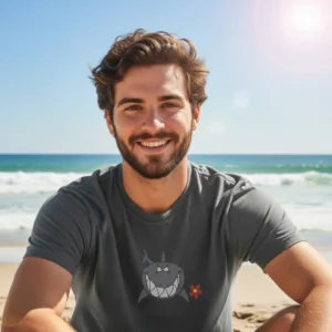 Smiling man with curly hair and beard wearing a Chilliisland shark t-shirt, sitting on a sunny Mauritius beach with blue ocean waves in the background. Relaxed and cheerful mood.