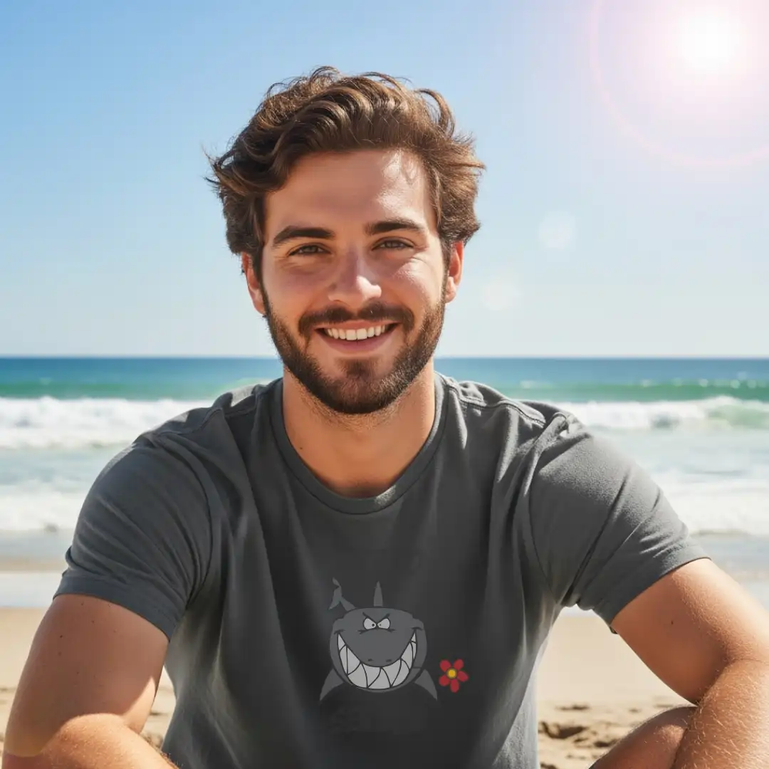 Smiling man with curly hair and beard wearing a Chilliisland shark t-shirt, sitting on a sunny Mauritius beach with blue ocean waves in the background. Relaxed and cheerful mood.