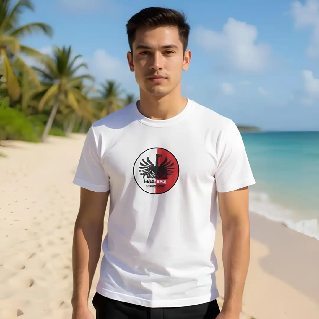 Man on a tropical Mauritius beach wearing a white Chilliisland T-shirt with a black and red patterned Phoenix Beer design, the original Brand Logo. Palm trees and turquoise ocean in the background; sunny day.