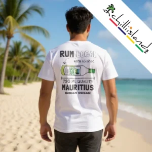 A man on the tropical beach in Mauritius wears a white Chilliisland shirt featuring a rum bottle graphic and text: "RUM LOCAL, MAURITIUS." Palm trees and ocean in background.