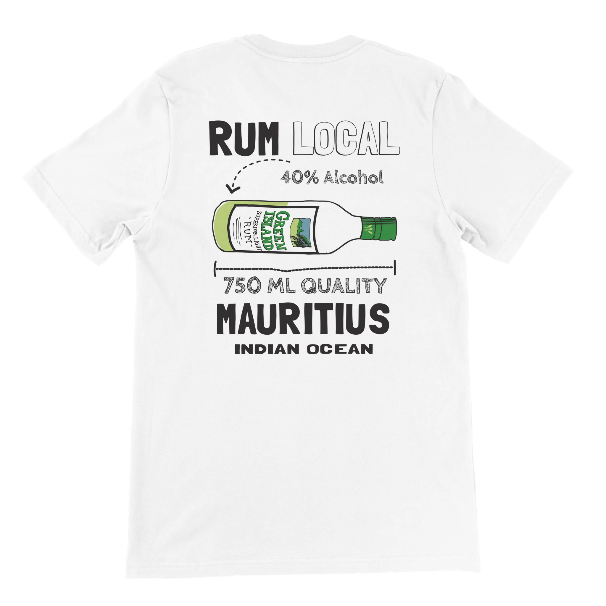 White T-shirt featuring a Chilliisland design of a rum bottle labeled "Green Island" with "Rum Local," "40% Alcohol," "750 ML Quality," and "Mauritius Indian Ocean" text.