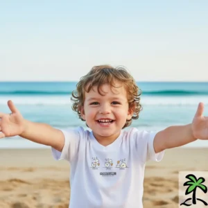 Smiling young child with curly hair standswith a white Chilliisland T-Shirt, Dodo Life Design, on a sandy beach with arms outstretched; ocean waves and blue sky in the background.