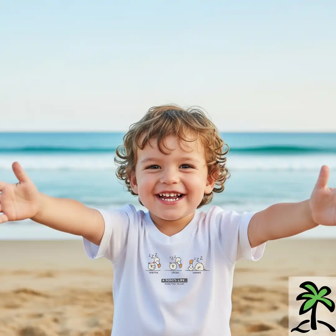 Smiling young child with curly hair standswith a white Chilliisland T-Shirt, Dodo Life Design, on a sandy beach with arms outstretched; ocean waves and blue sky in the background.