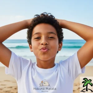 A boy stands on a beach with his hands on his head, lips puckered, wearing a white "Hakuna Matata Mauritius" t-shirt. The ocean and blue sky are in the background.