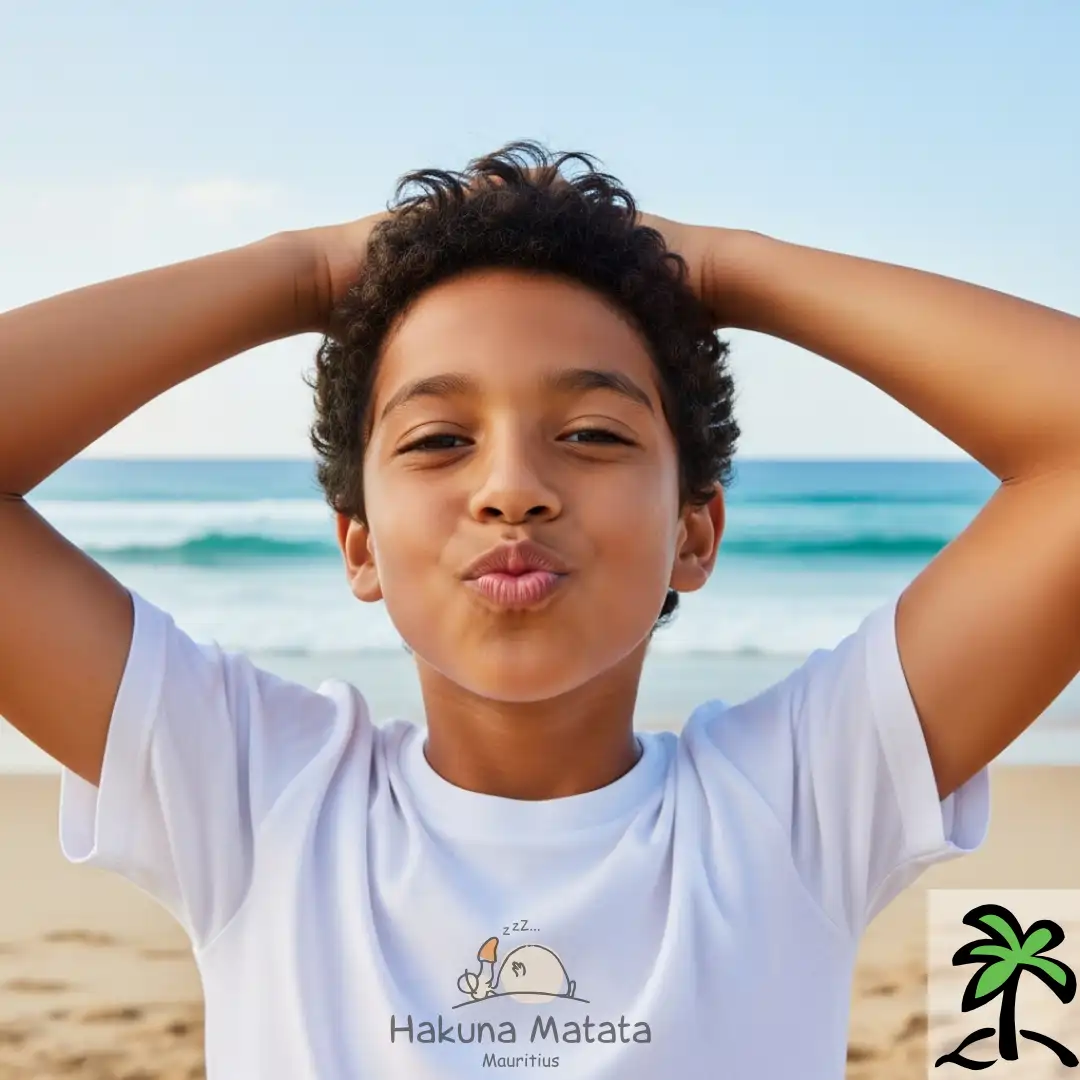 A boy stands on a beach with his hands on his head, lips puckered, wearing a white "Hakuna Matata Mauritius" t-shirt. The ocean and blue sky are in the background.