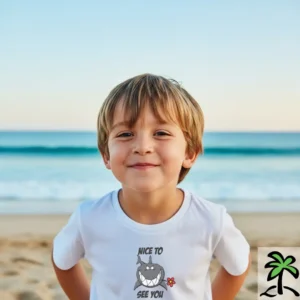 A child stands on a beach with ocean waves in the background, wearing a white Chilliisland T-shirt featuring a smiling shark and the text "Nice to see you."