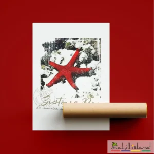 A red starfish Chilliisland print lies on a white background with a red border. A brown cardboard tube rests diagonally on the print, adding a creative touch.
