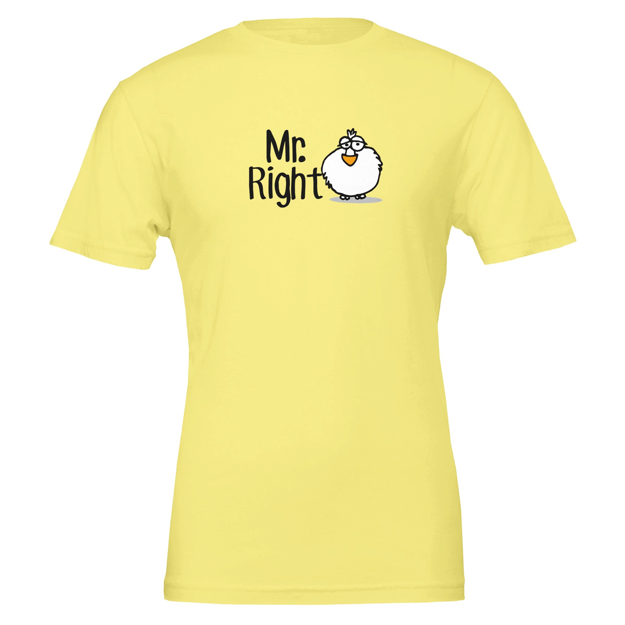 Yellow Chilliisland t-shirt featuring a cartoon Dodo and the text "Mr. always Right" in playful typography.