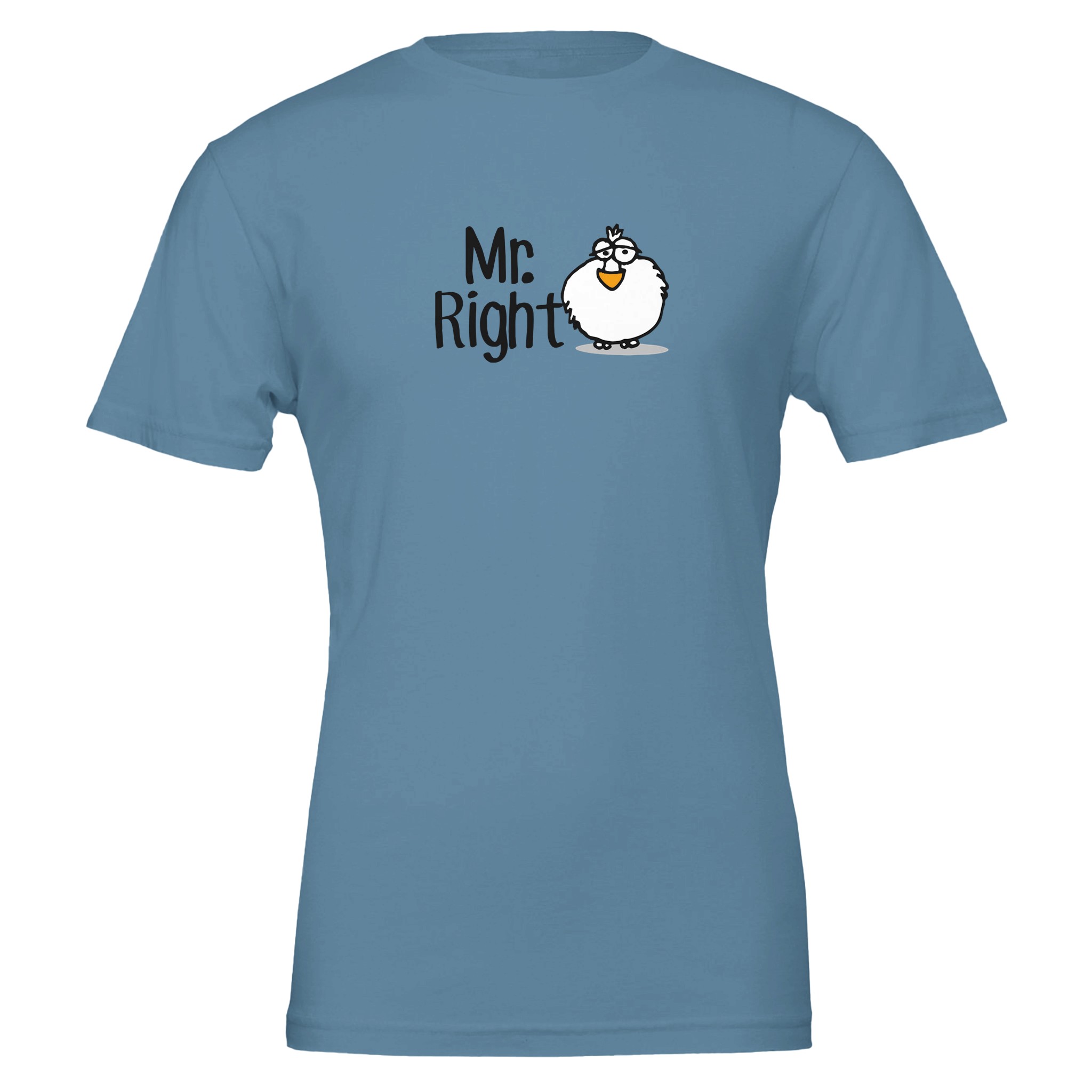Light Blue Chilliisland t-shirt featuring a cartoon Dodo and the text "Mr. always Right" in playful typography.