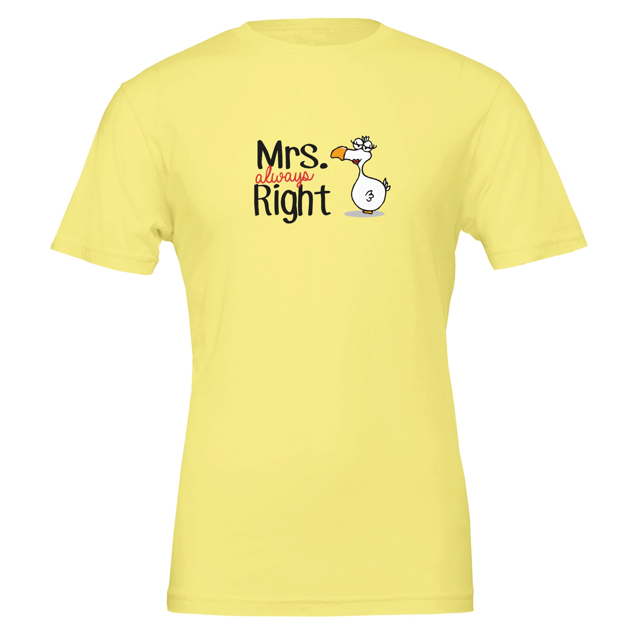 Yellow Chilliisland t-shirt featuring a cartoon Dodo and the text "Mrs. always Right" in playful typography.