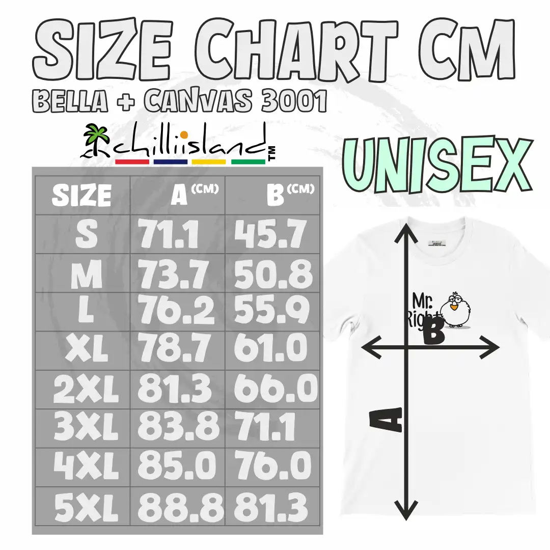 Unisex size chart for Bella + Canvas 3001 t-shirt showing dimensions in centimeters for sizes S to 5XL.