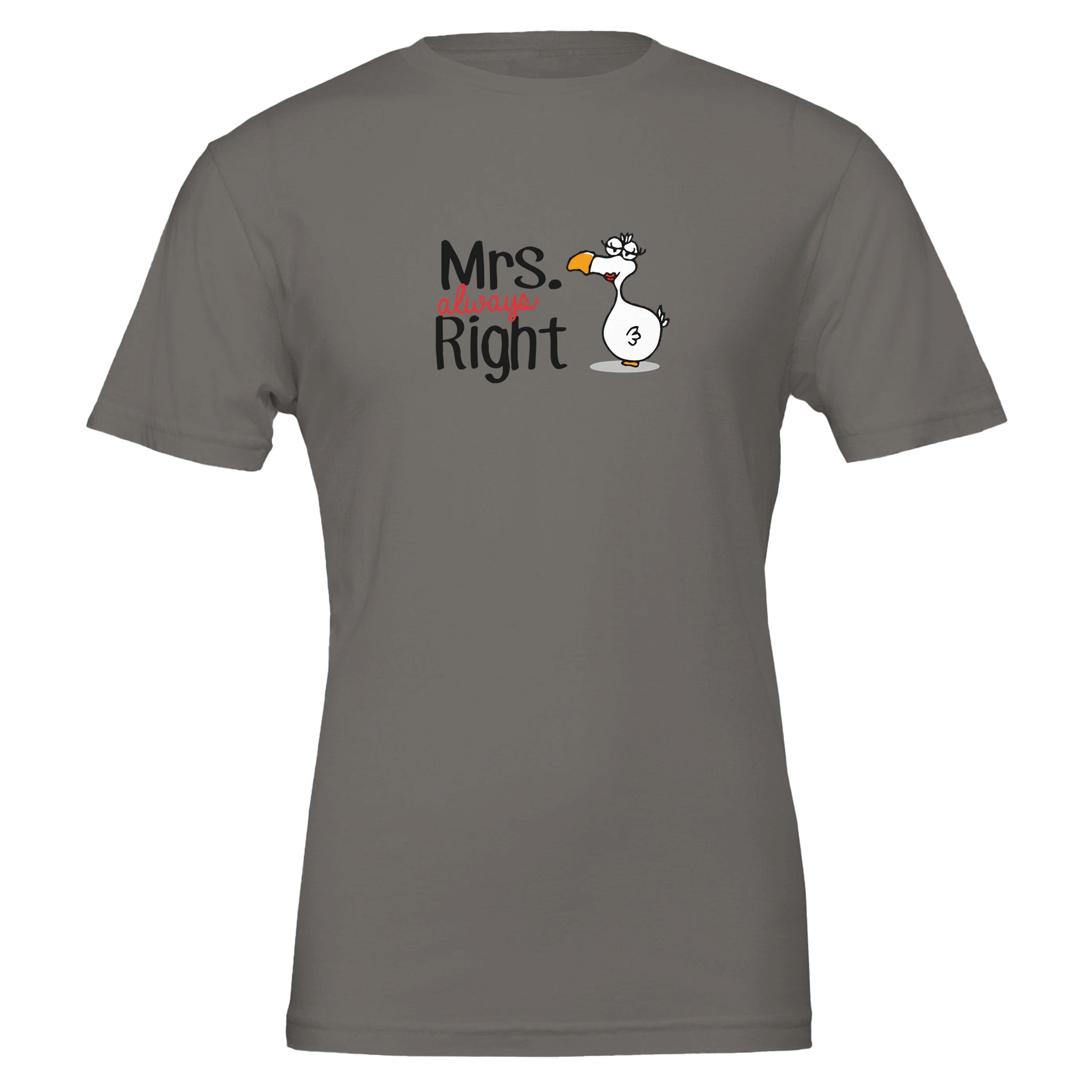 D.Grey Chilliisland t-shirt featuring a cartoon Dodo and the text "Mrs. always Right" in playful typography.