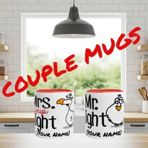 Couple Chilliisland mugs with cartoon Dodos and custom text "Mr. Right" and "Mrs. Always Right" on a kitchen counter. Background shows a window and shelves.
