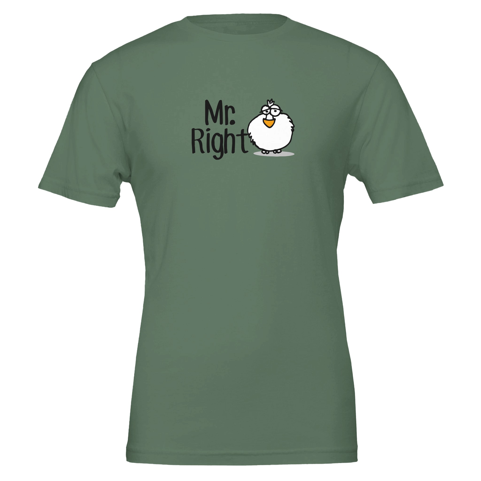 Army Green Chilliisland t-shirt featuring a cartoon Dodo and the text "Mr. always Right" in playful typography.