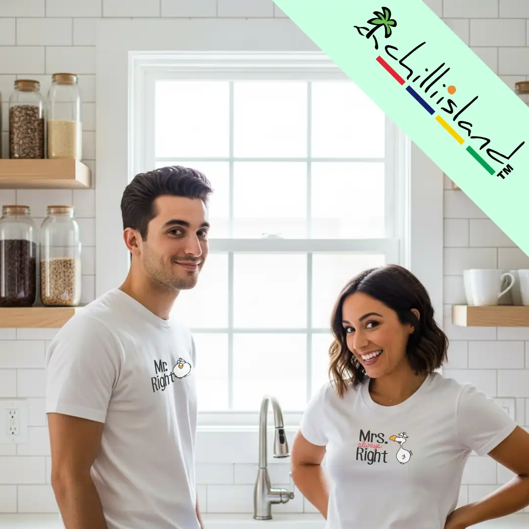 A smiling couple in a bright kitchen wearing matching white Chilliisland shirts reading "Mr. Right" and "Mrs. Always Right." Shelves with jars in the background; playful tone.