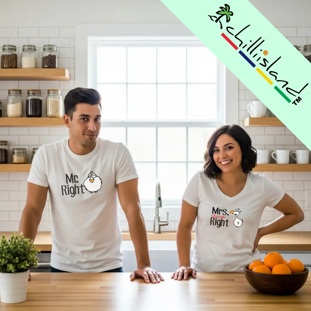 A couple in a bright kitchen, each wearing a Chilliisland t-shirt. The man’s shirt says “Mr. Right” and the woman’s, “Mrs. Always Right.” They smile playfully, conveying humor.