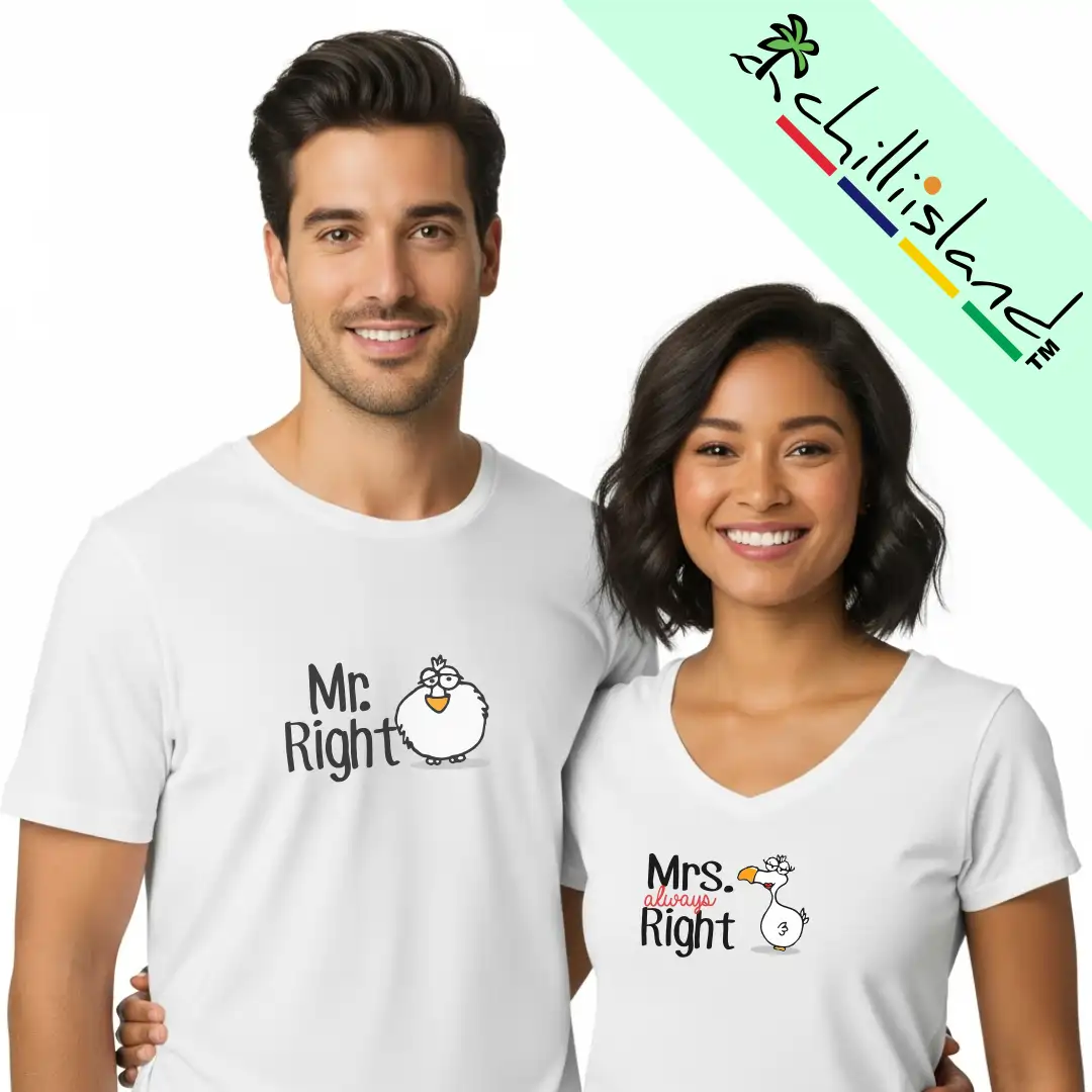 A smiling couple wears matching white Chilliisland T-shirts. The man's shirt says "Mr. Right" with a cartoon Dodo Design, and the woman's says "Mrs. Always Right" with a similar design.