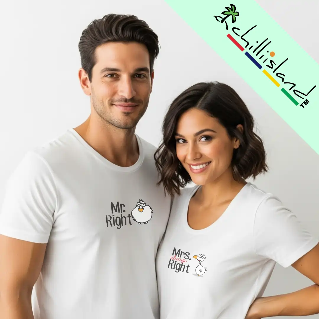 A smiling couple wearing matching white Chilliisland shirts. His shirt reads, "Mr. Right," and hers reads, "Mrs. Always Right." The mood is playful and light-hearted. A logo for "Chillisland" is in the top right corner.