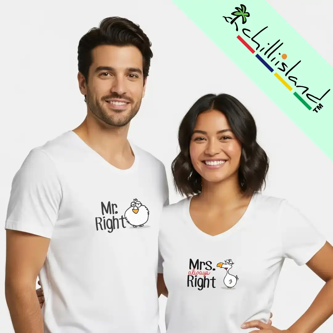 A happy couple in white shirts stands together, the man's Chilliisland shirt reads "Mr. Right" with a cartoon bird; the woman's says "Mrs. Always Right" with a DODO.