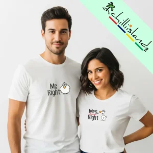 A smiling couple wearing matching white Chilliisland t-shirts. His shirt reads "Mr. Right" and hers "Mrs. Always Right" with playful cartoon characters. The mood is lighthearted.
