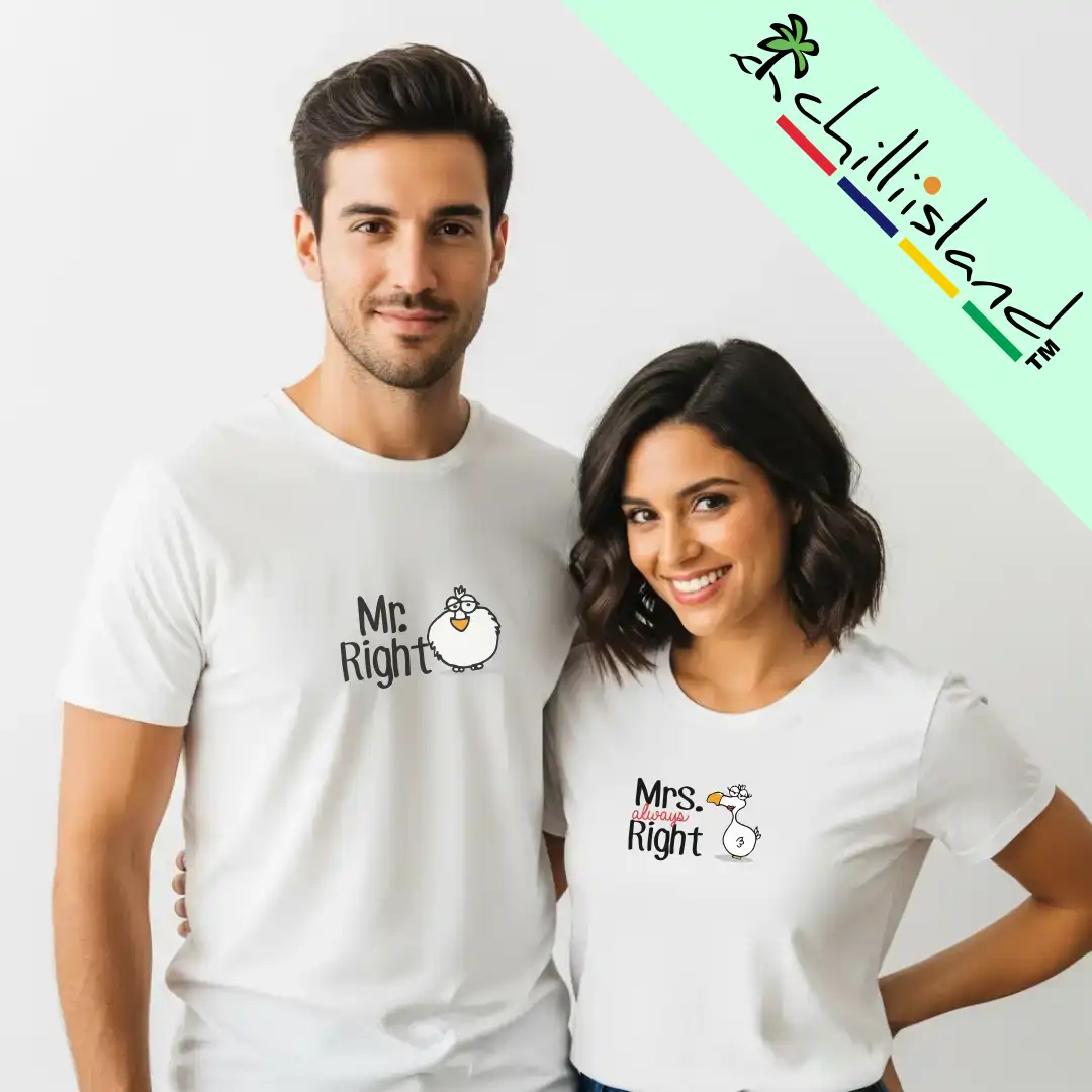 A smiling couple wearing matching white Chilliisland t-shirts. His shirt reads "Mr. Right" and hers "Mrs. Always Right" with playful cartoon characters. The mood is lighthearted.