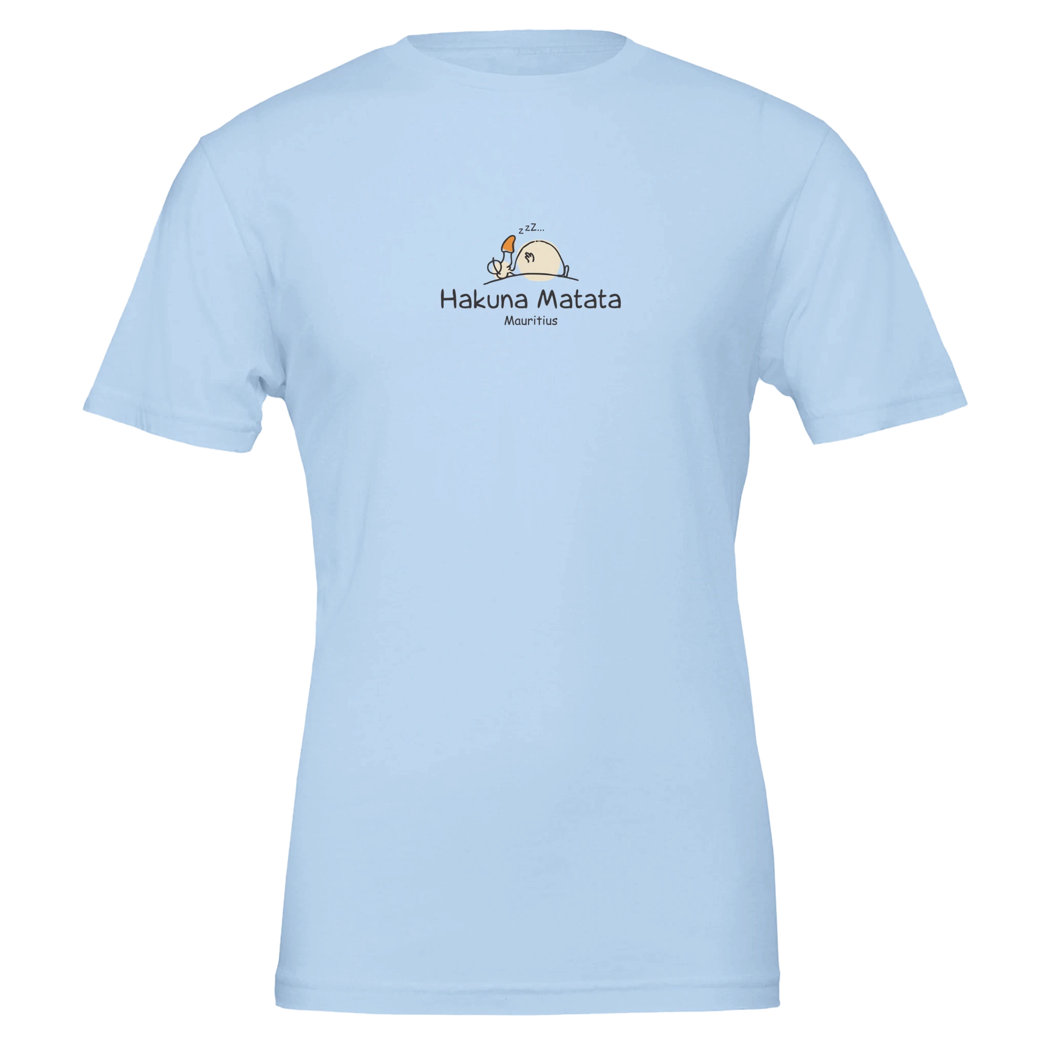 Chilliisland Light Blue t-shirt featuring a playful design with "Hakuna Matata" and a cartoon Dodo relaxing, representing a carefree lifestyle in Mauritius
