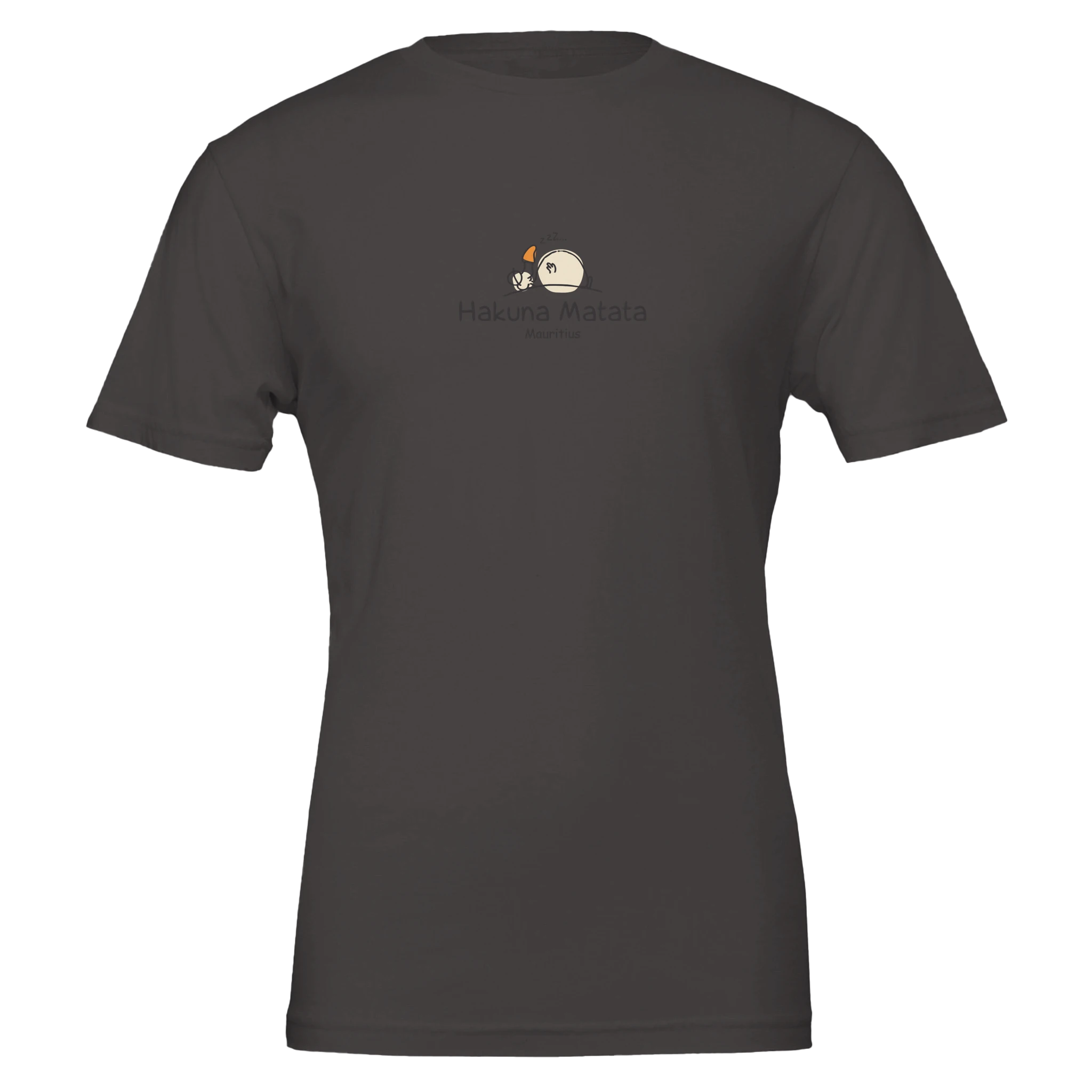 Chilliisland charcoal t-shirt featuring a playful design with "Hakuna Matata" and a cartoon Dodo relaxing, representing a carefree lifestyle in Mauritius