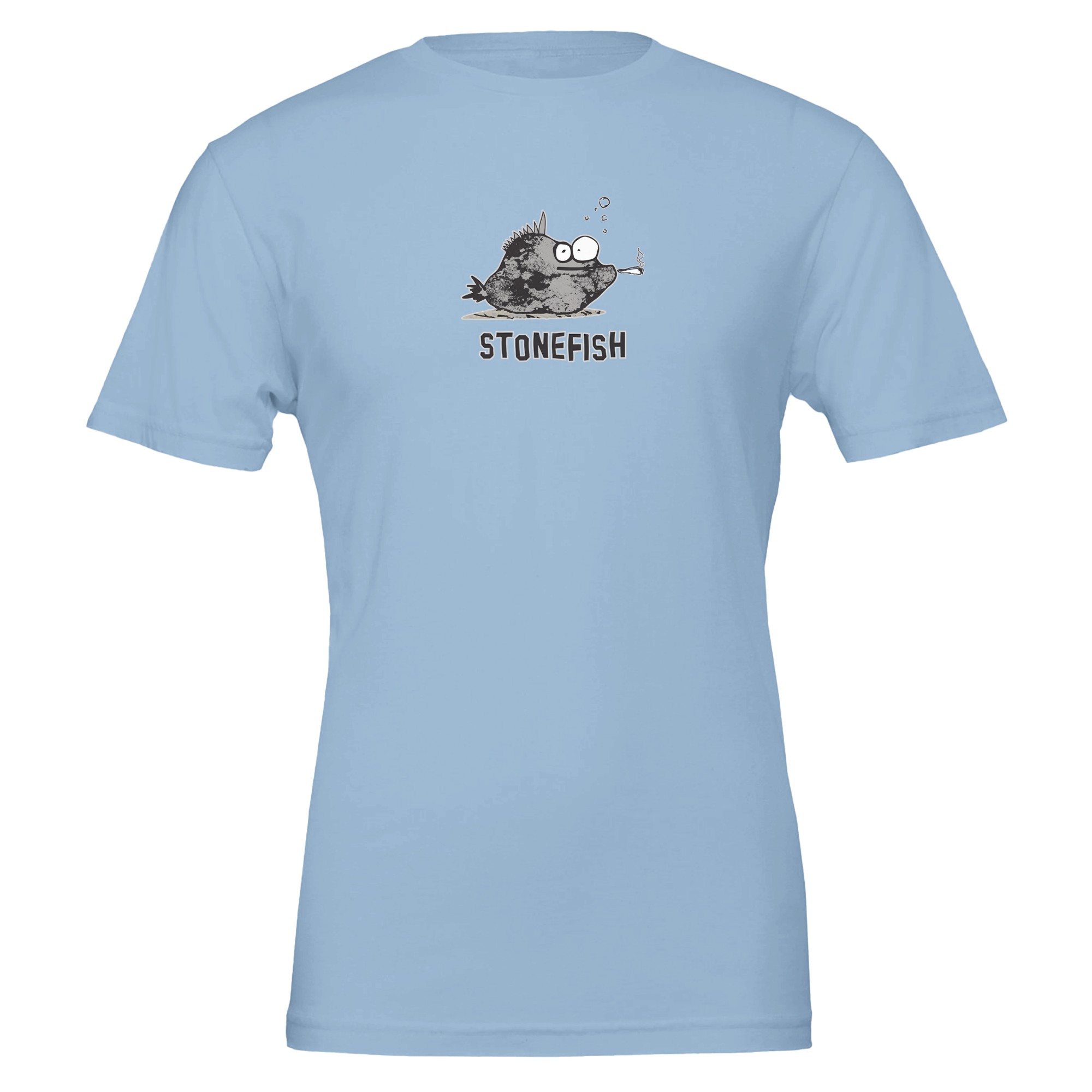 Light Blue Colour Chilliisland T-shirt featuring a cartoon stonefish with large eyes and a cigarette, with bubbles above. The word "STONEFISH" is printed underneath.