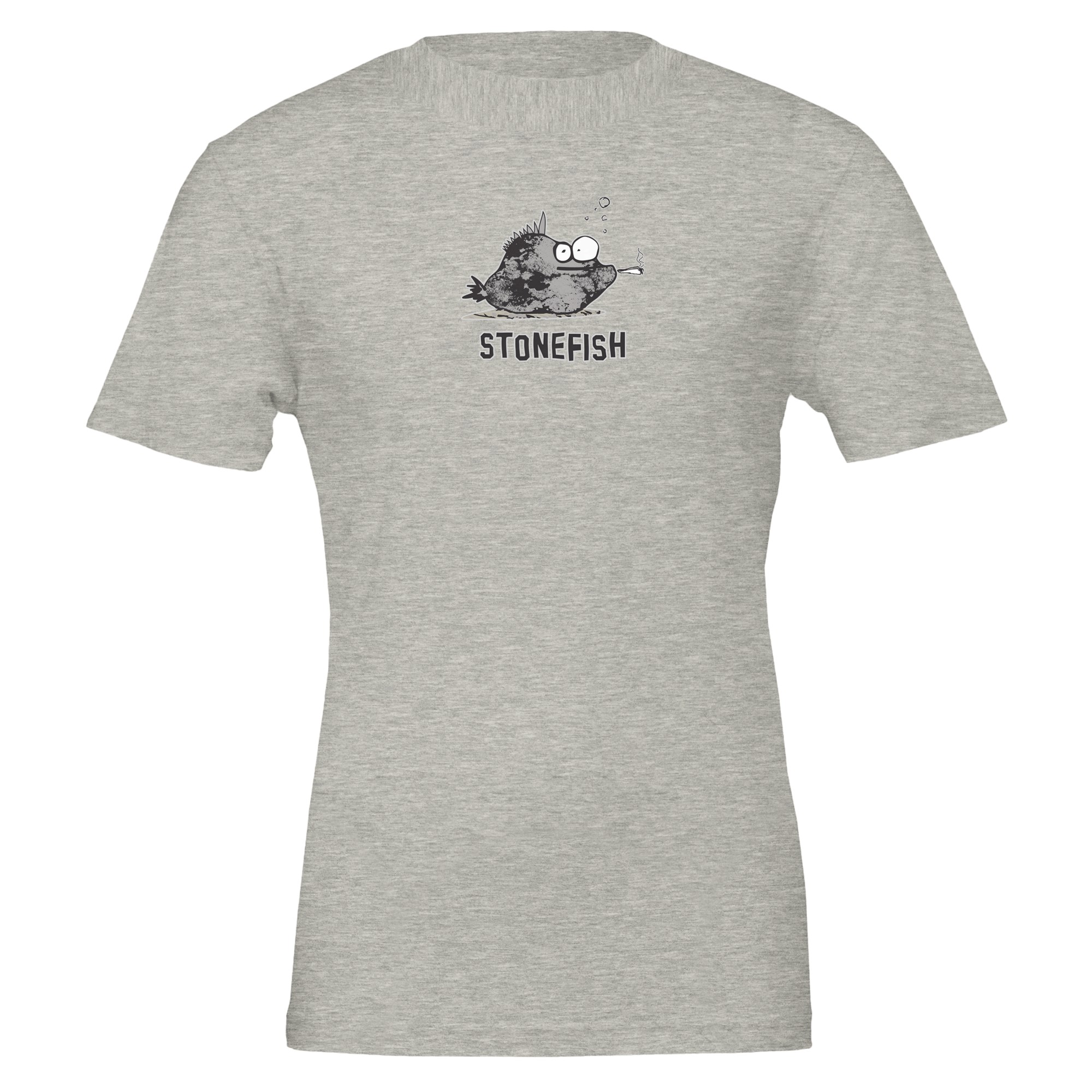 Grey Colour Chilliisland T-shirt featuring a cartoon stone fish with large eyes and a cigarette, with bubbles above. The word "STONEFISH" is printed underneath.