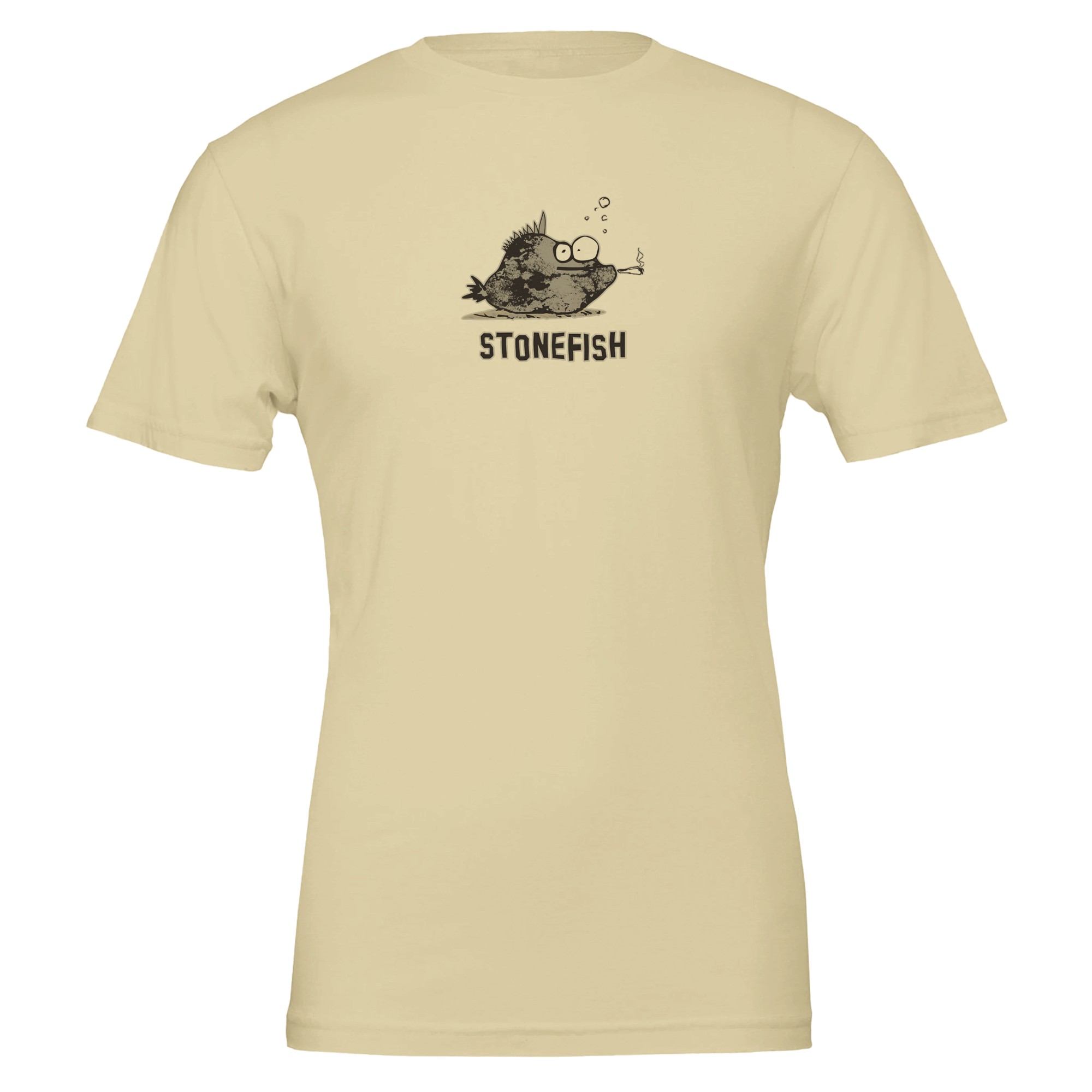 Beige Colour Chilliisland T-shirt featuring a cartoon stonefish with large eyes and a cigarette, with bubbles above. The word "STONEFISH" is printed underneath.