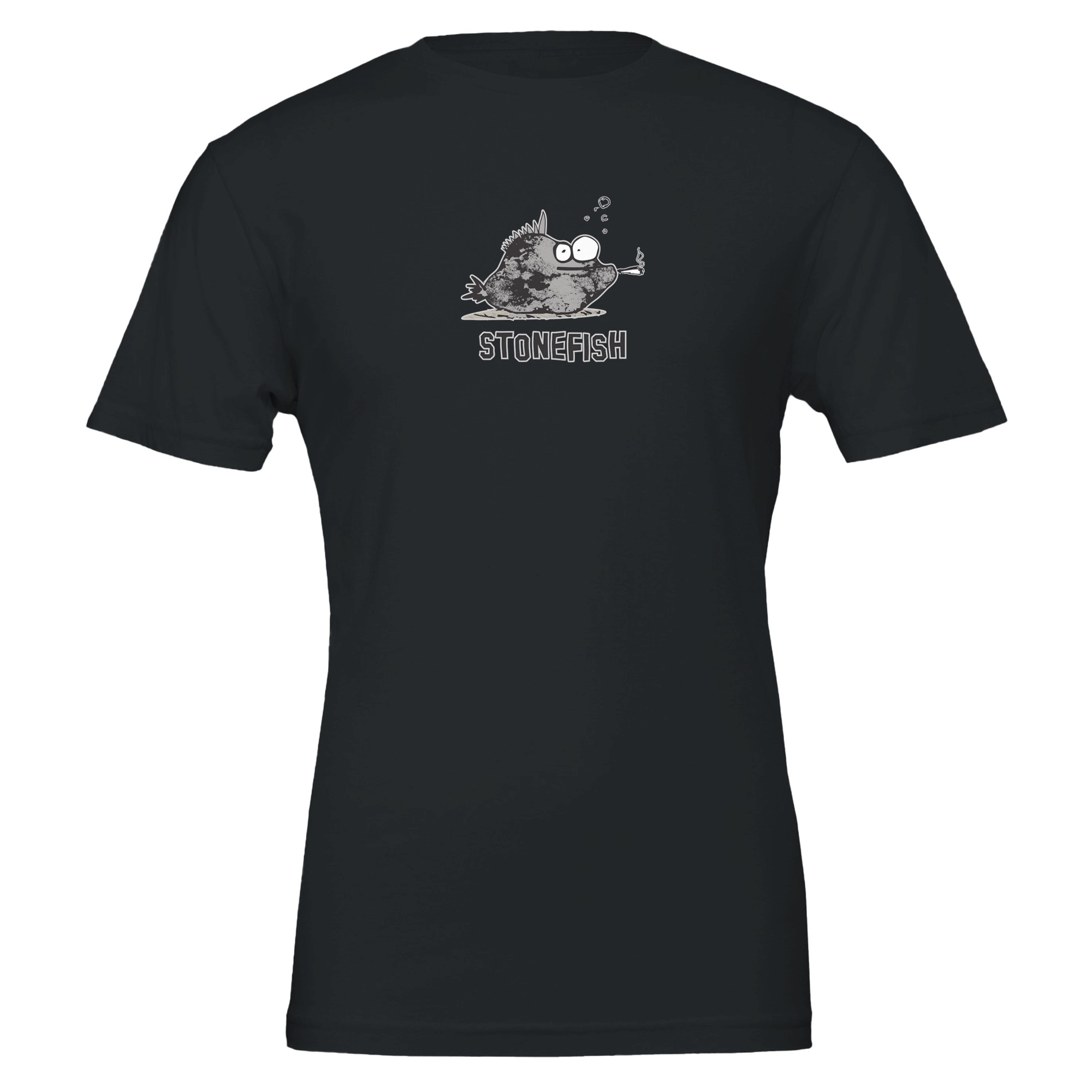 Charcoal Colour Chilliisland T-shirt featuring a cartoon stonefish with large eyes and a cigarette, with bubbles above. The word "STONEFISH" is printed underneath.
