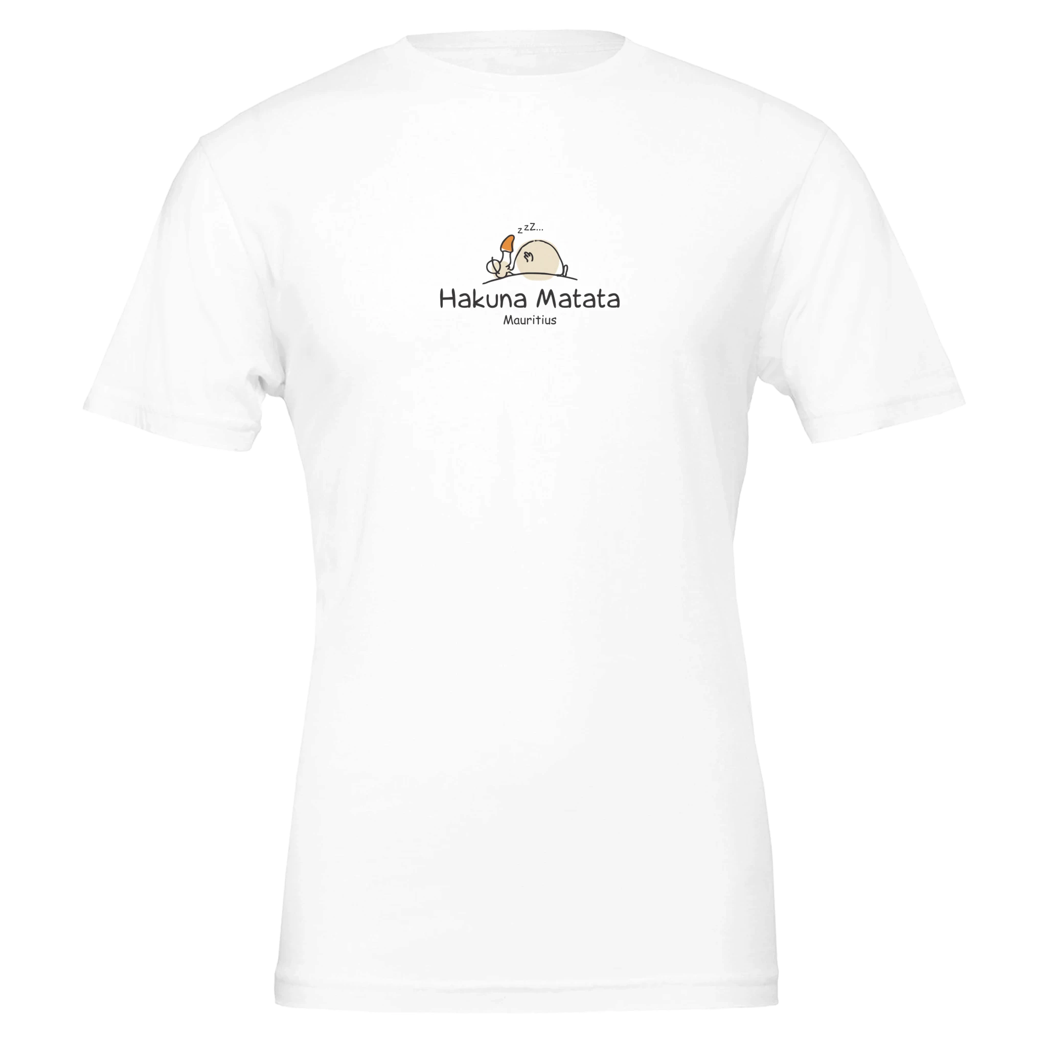 Chilliisland White t-shirt featuring a playful design with "Hakuna Matata" and a cartoon Dodo relaxing, representing a carefree lifestyle in Mauritius