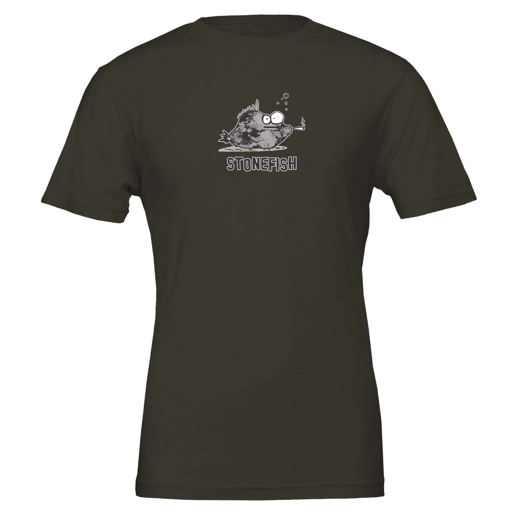 Dark green Chilliisland T-shirt featuring a cartoon stonefish with large eyes and a cigarette, with bubbles above. The word "STONEFISH" is printed underneath.